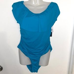 Island Goddess Off Shoulder Ruffle One Piece Swimsuit  - Turquoise Size 14